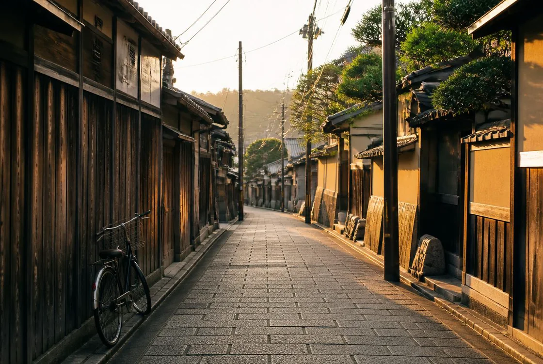清晨的日式街道，木质房屋与远处的塔楼