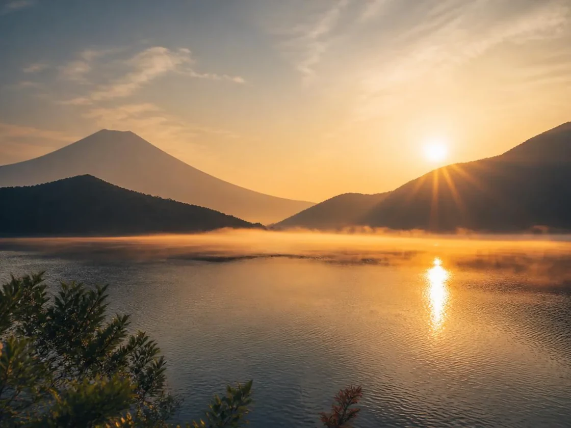 山峰环绕的湖泊与宁静的岸边风景